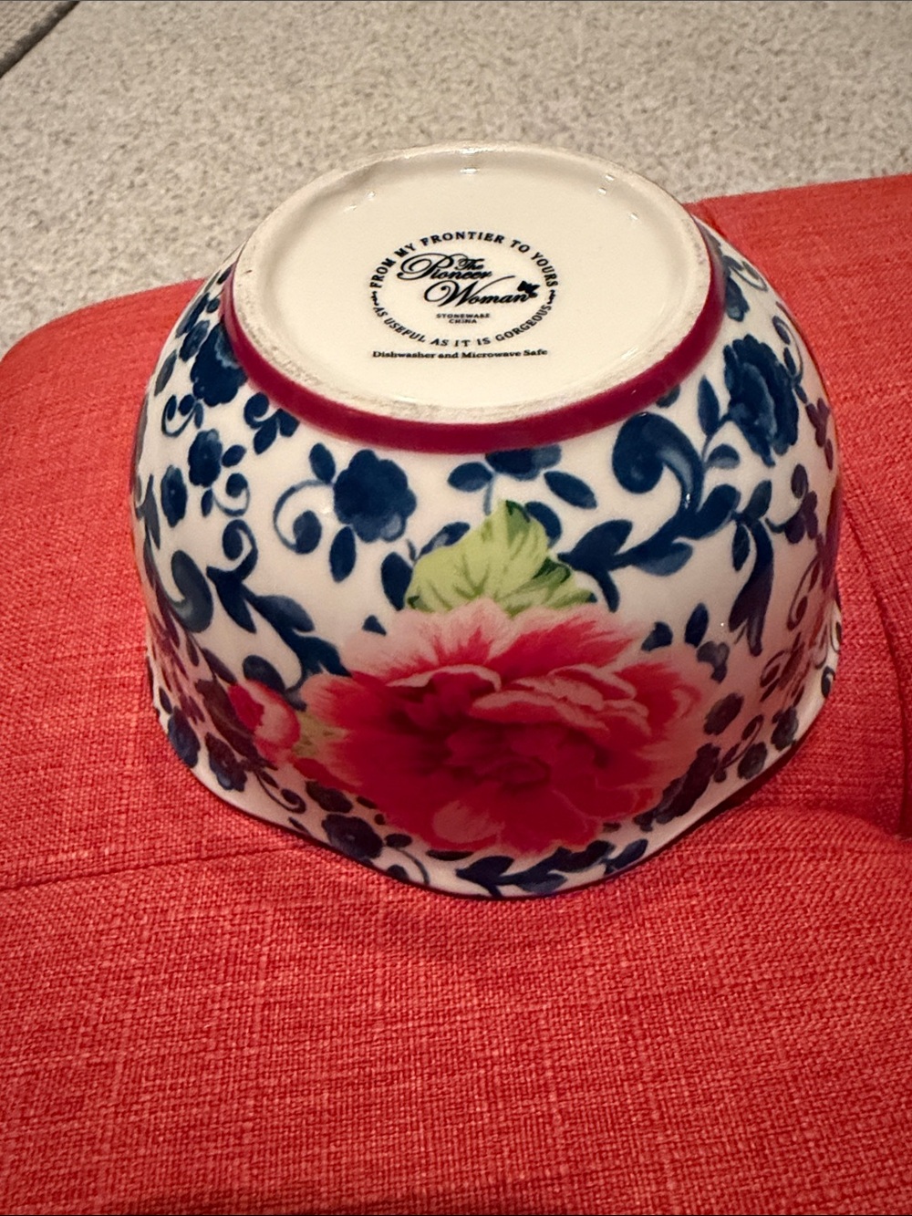Pioneer Woman floral soup bowl blue red flowers stoneware EUC